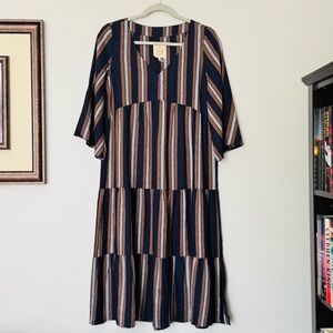 NWT Chaser Striped Tiered Midi Dress Blue/Tan/White Size Small
